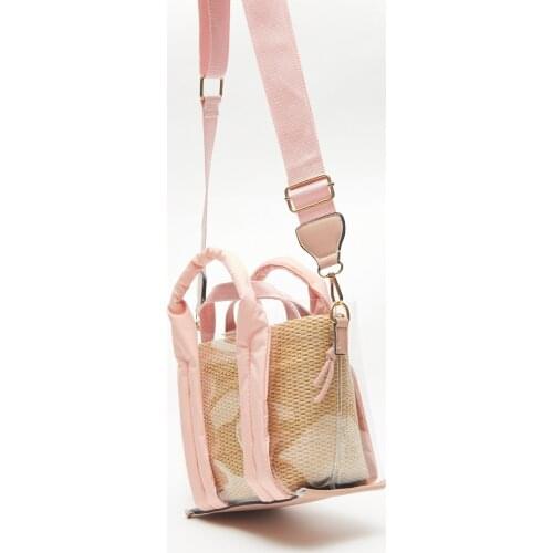Womens Transparent Mesh Can Be Used As Messenger Bag Pink Straw Tote Bag Çıkartılıp Hand Bag