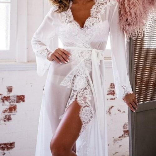 Womens Lce Silk Nightdress Solid Color Nightgown Nightwear Night Gown Bathrobe Sexy Long Kimono Lace Bath Robe Lingerie Gown #W