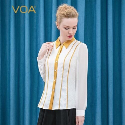 VOA Mulberry Silk Stitching White Twill Phnom Penh Lapel Single-breasted Perspective Long-sleeved Silk Women Shirt Autumn BE127