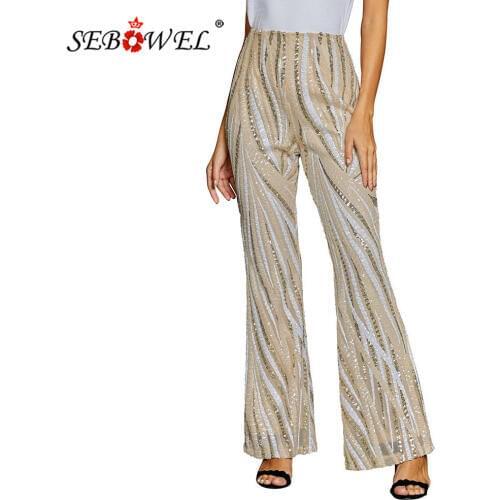 SEBOWEL Womans Apricot Swirl Pattern Zip Sequins Flared Pants Party Autumn Female High Waist Glitter Pants Trousers Size S-XL