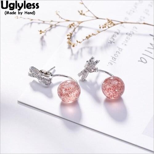 Uglyless Natural Strawberry Quartz Ball Stud Earrings Women Handmade Solid 925 Silver Bow Studs Detachable Dual Use Fine Jewelry