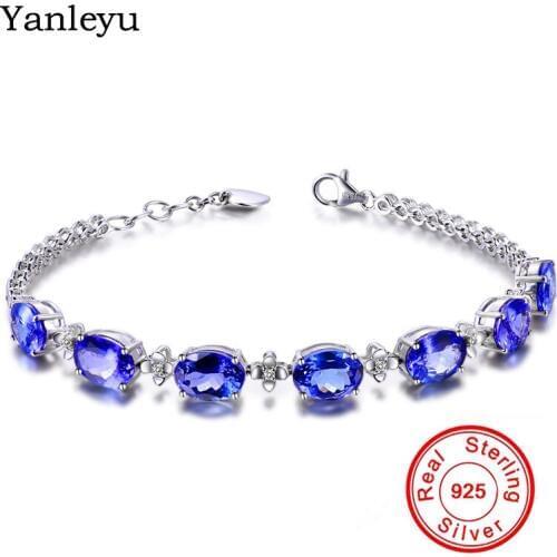 Yanleyu Solid 925 Sterling Silver Charm Bracelets for Women Luxury Blue Crystal CZ Zircon Bracelet Bridal Wedding Jewelry ZB002