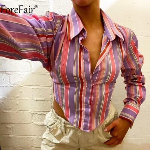 Forefair 2021 Summer Autumn Sexy Y2k Crop Top Women Fashion Backless Long Sleeve Tee Strip Print V Neck Casual Vintage T Shirts