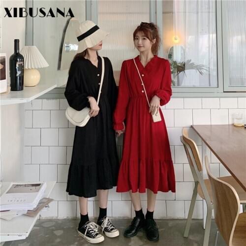 XIBUSANA 2020 Autumn V-Neck Wrinkle Pleat Dress Women Vintage Solid Elastic High Waist Pearl Button Ruffle A-Line Dresses Female