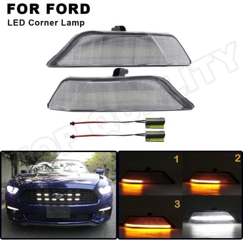 2PCS For Ford Mustang Dynamic Clear Lens Led Front DRL Turn Signal Lights Amber+White Replace OEM 2015 2016 2017 Corner Lamps