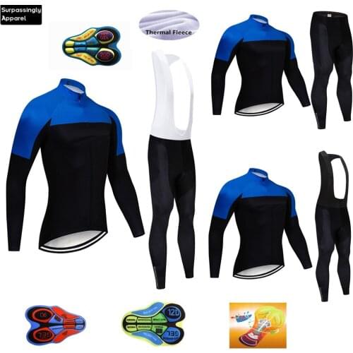 2019 Winter TEAM Cycling Jersey Blue 20D Gel Pad Bike Pants Set MTB Ropa Ciclismo Thermal Fleece Bicycling Maillot Culottes