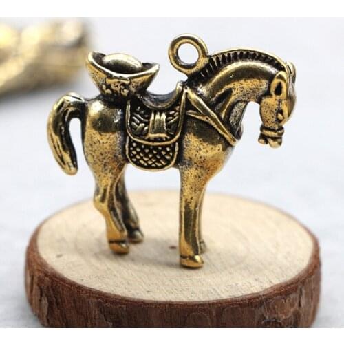 Antique Solid Brass Yuanbao horse 3D Figurines Retro Copper Animal Tea Pet Desktop Ornament Decor Crafts Keychain Pendants