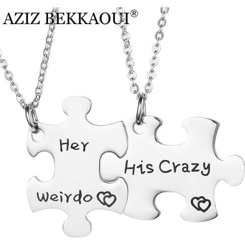 AZIZ BEKKAOUI Her Weirdo/His Crazy Engraving Couple Necklace For Men Women Stainless Steel DIY Letter Love Pendant Necklaces