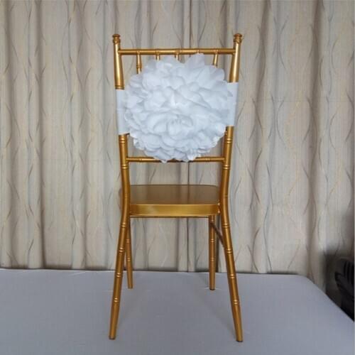 New Arrival White Flower Bamboo Chair Decoration Streamers Upscale Design Chair Sash Ruffle Cover for Wedding Banquet Decoration