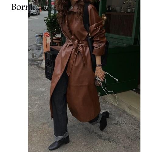 Bornladies 2021 Autumn Winter Temperament Long Leather Jacket Oversized Women Overcoat Belted PU Trench Coat Faux Leather Coat