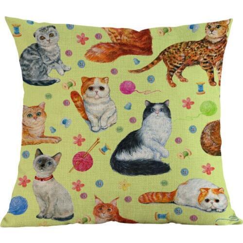 Watercolor Style Famous Cute Animal Pet Kitten Multiple Cat Siamese Scottish Fold Pillow Case Home Sofa Decoration Cushion Cover