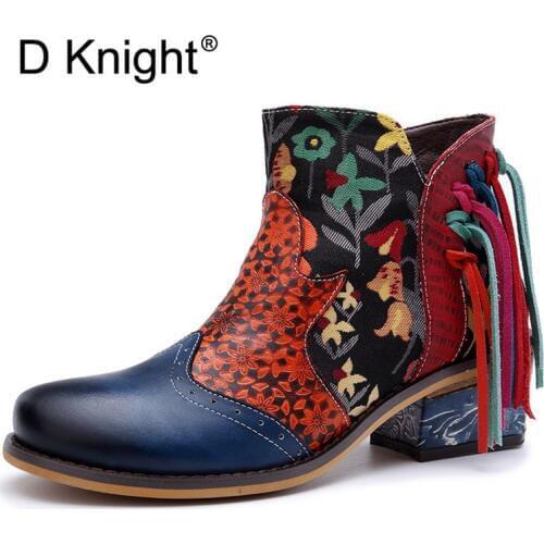 D knight Brand Winter Boots Female Genuine Leather Boots Women Vintage Med Heel Tassel Ankle Boots Platform Autumn Brogue Shoes