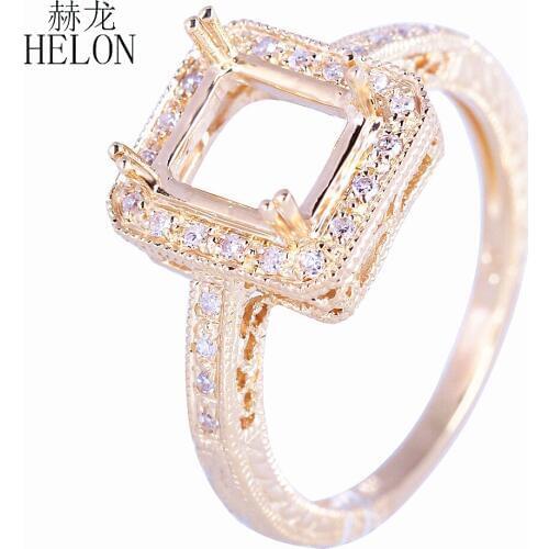 HELON Cushion Cut 5x6-6.5x7.5MM Solid 10k Yellow Gold Art Vintage Filigree Women Jewelry Natural Diamond Semi Mount Ring Setting
