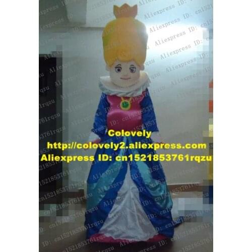 Graceful White Queen Empress Kaiserin Rani Ranee Mascot Costume Cartoon Character Golden Top Updo Blue Pink Long Dress ZZ697 FS