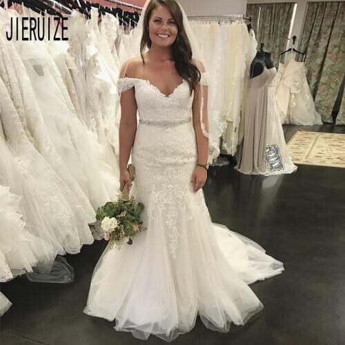 JIERUIZE Glamorous Sheath Wedding Dresses Off The Shoulder Backless Crystal Sash Wedding Gown Bridal Gowns vestidos de noiva