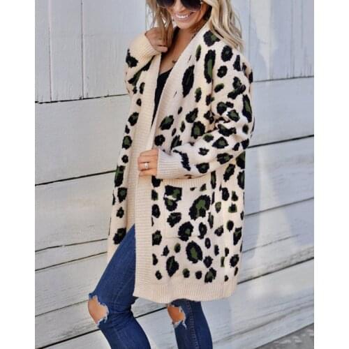Plus Size Women Leopard Print Cardigans Casual Long Sleeve Knitted Sweater Coats Autumn Winter Fashion Cardigan Jacket Outwear