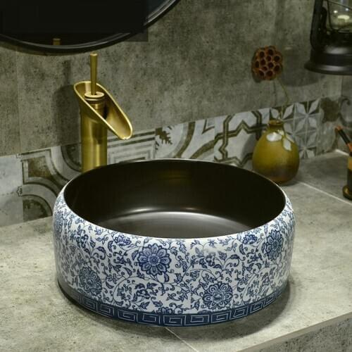 Chinese Antique Restaurant Washbasin Home Blue And White Black Drum ceramic wash basin bathroom sink