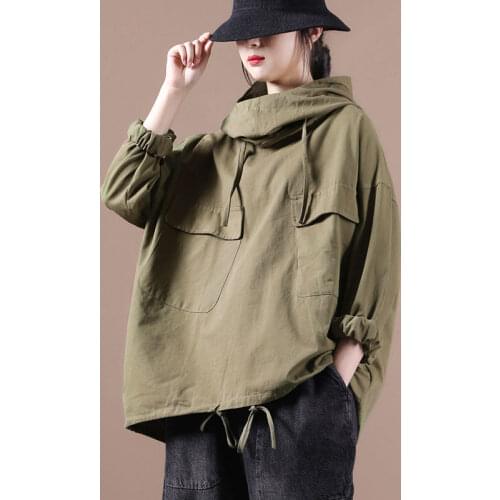 Korean Jacket Autumn Clothing 2020 New Womens Loose Large Size Big Pockets Drawstring Hooded Cotton Sweatshirt Women Tops y271