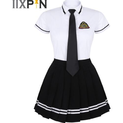 IIXPIN Japanese School Girl Uniform Suit navy sailor Costume T-shirt Black Pleated Skirt with Badge and Tie Sexy Girls Uniform