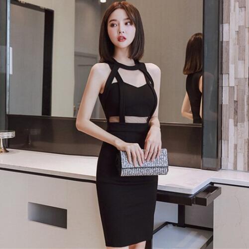Summer Bodycon Dresses Black Sleeveless Halter Bandage Dress Vintage Hollow Out Sexy Party Sheath Dress Dropshipping Vestidos