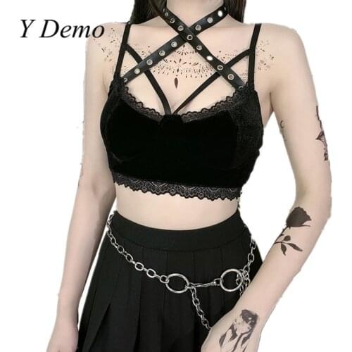 Y Demo Gorhic Y2k Sleeveless Camis Women Lace Straps Halter Neck Punk Tops Female Fashion Clothing 2021 Summer