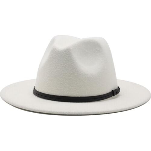 Men Women Wide Brim Wool Felt Fedora Panama Hat with Belt Buckle Jazz Trilby Cap Party Formal Top Hat In White,black 18colors