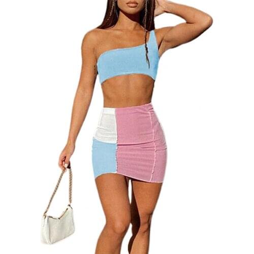Outfit Womens Sexy Single Shoulder Bodycon Dress Women Patchwork Crop Top Skirt Set for Party Dress Sets Womens Clothing 2021