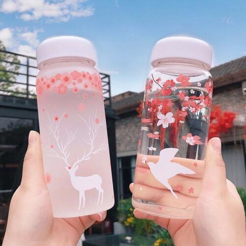 New Creative Cherry Blossoms Frosted Glass Water Bottle Kawaii Reindeer Bottle For Girl Cute Pink Portable Sport Drink Bottles