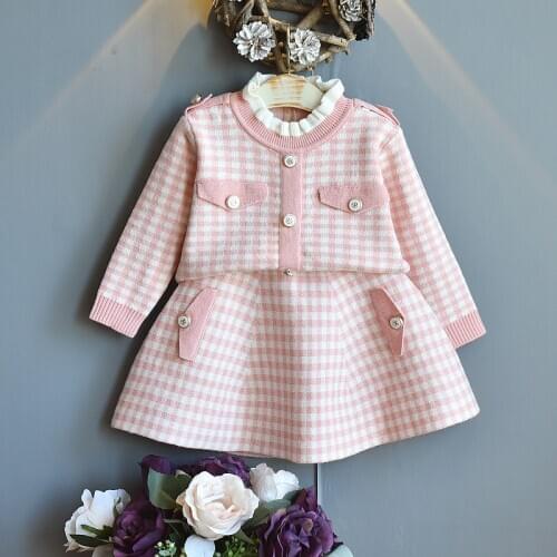 Fall Girls Outfits Plaid Knit Agaric Collar Sweater Top&skirt Fashion Korean Little Girl Clothing Set Warm Cute Kids Clothes