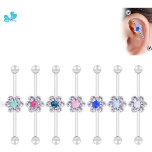 1Pc 1.6*35+5mm Opal Gem Industrial Piercing Surgical Stainless Steel Ear Cartilage Stud Earring Straight Barbell Earrings
