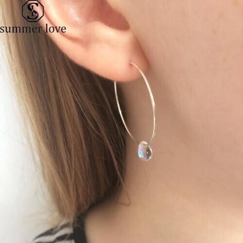 Simple Style Irregular Glass Beads Charm Earrings for Women Crystal Shell Design Brass Circle Hoop Earrings Statement Jewelry