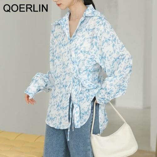 QOERLIN Chic Sashes Tops Blouse Girl Fashion Blue Printed Shirt Women Lapel Bandage Long Sleeve Female Summer Retro Loose Shirts