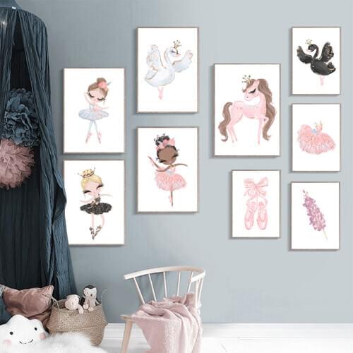 Nordic Ballet Princess Nursery Poster Unicorn Wall Art Canvas Painting Swan Wall Pictures For Room wall Kids Decor