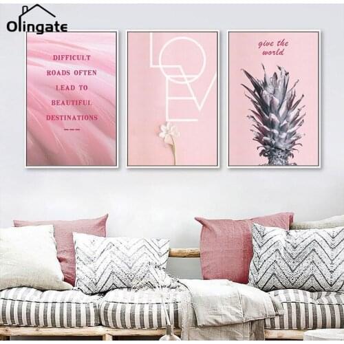 Scandinavian Minimalist Canvas Painting Pink Pineapple Love Quote Wall Art Posters One Piece Wall Pictures for Home Decor Gift