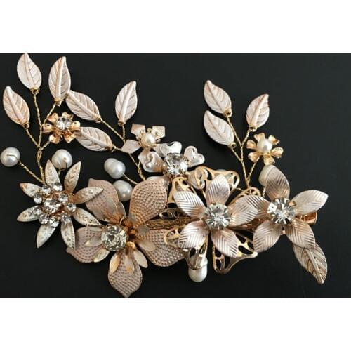 SLBRIDAL Golden Wired Crystal Rhinestone Freshwater Pearls Flower Wedding Hair Clip Barrettes Bridal Headpieces Hair Accessories