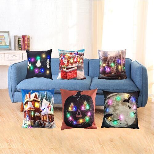 Creative LED Color Light Halloween Home Decor Pumpkin Cushions Cover Linen Pillow Cover Car Sofa Throw Pillows Pillowcase 45x45