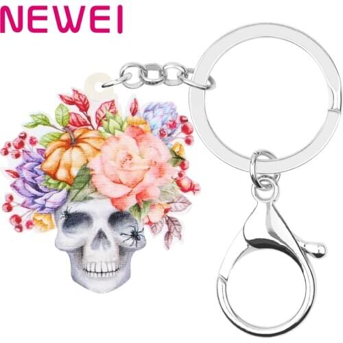 NEWEI Acrylic Halloween Flower Skeleton Skull Keychains Big Key Ring Jewelry For Women Kids Girl Novelty Gift Purse Accessories
