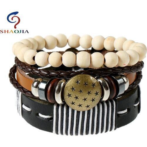 Women Leather Bracelets With Beads 2017 Fashion Set Bracelet Leather + Wood Beads + Wax Line + PU + Alloy Leather Bracelet