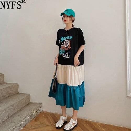 NYFS Summer Dress 2021 New Korean Short Sleeve Long Dress Vestidos Robe Elbise Large size Patchwork Color Woman Dress
