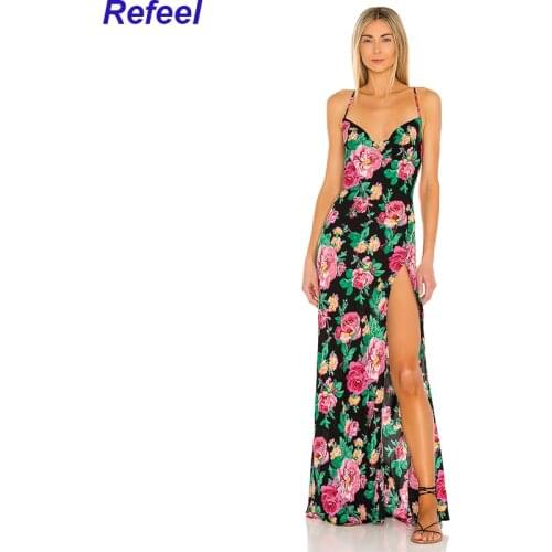 Vintage Multicolor Floral Print Sexy Backless Dress Women Deep V Neck Long Sleeve Holiday Party Summer Midi Dress Short Robe