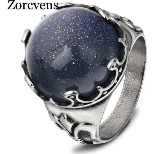 ZORCVENS 2020 Vintage Fashion Retro punk shining blue sand stainless steel ring for man and women