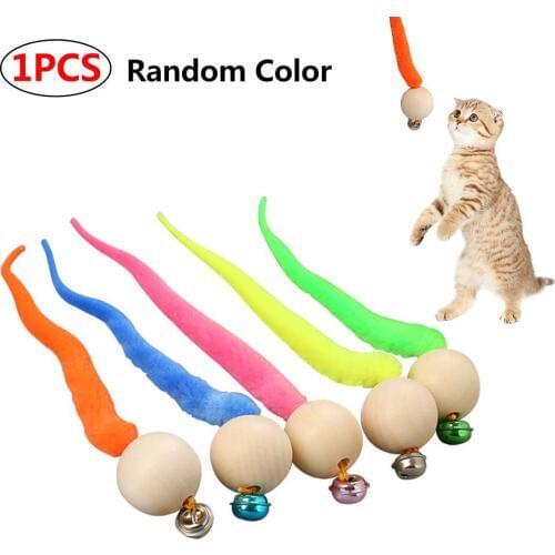 1pc New Style Cat Toy Wooden Bead Tail Source Color Caterpillar Wooden Bead Random Color Colored Cat Worms Ball With Bell