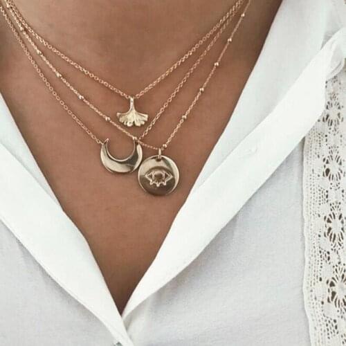 3 Pcs/set Bohemian Vintage Moon Eye Mermaid Necklace for Women Fashion Gold Pendant Choker Multilayer Long Necklace Ho Jewelry