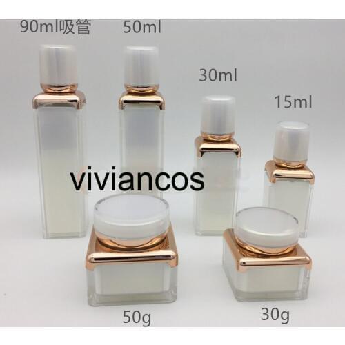 300xSquare 15ml 30ml 50ml Acrylic Bottle Jar Lotion Pump Bottle Pearl White Rose Gold Color 30g 50g Acrylic Cream Jar Container