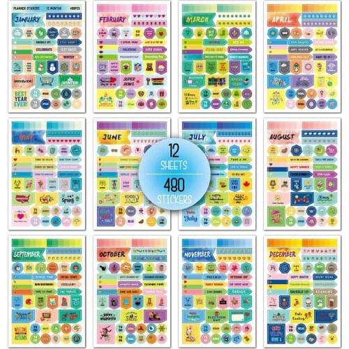 480Pcs Monthly Planner Sticker for Notebooks DIY Supplies Stationery Diary Sticker Scrapbooking Monthly Tabs Stickers