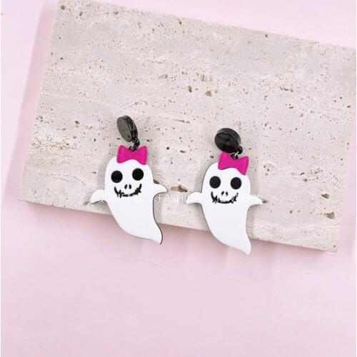 ZiccoWong Acrylic Halloween Cute Ghost Long Dangle Earrings Lovely Bow Ghost Hallowmas Costume Drop Earring Party Jewelry