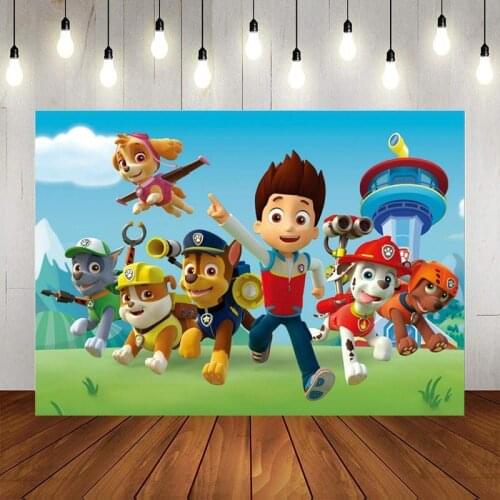 Running Dogs Blue Sky Cartoon Backdrop Photography Ryde Family Patrol Kids Birthday Party Photo Background For Table Decor