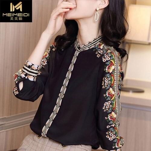 Blouse Women Shirt Black Chiffon Womens Long Sleeve Spring Clothes-Sense StCollar Printed Top Blusas Mujer De Moda