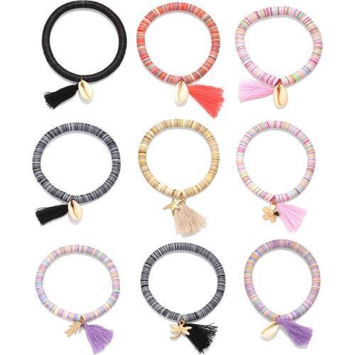 Boho Multicolor Rainbow 6mm Sequin Vinyl Beads Heishi Cowrie Seashell Stretch Bracelet Women Tassel Hand Charm Surf Jewelry Gift