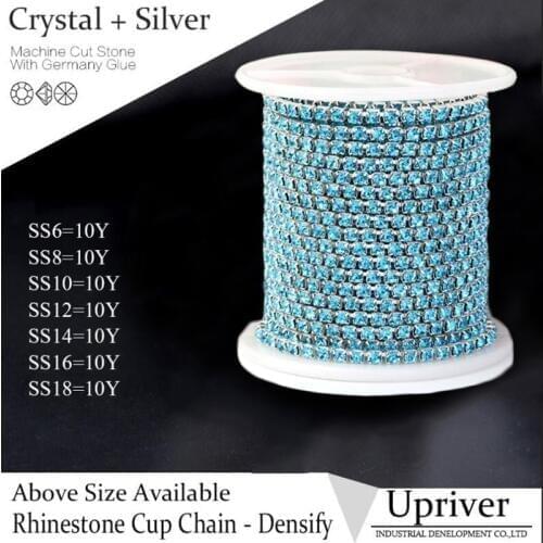 Upriver 10 yards/roll SS6-SS12 Aquamarine Strass Chain Silver Base Dense Claw Rhinestone Cup Chain Sew-On For DIY Bags Garment